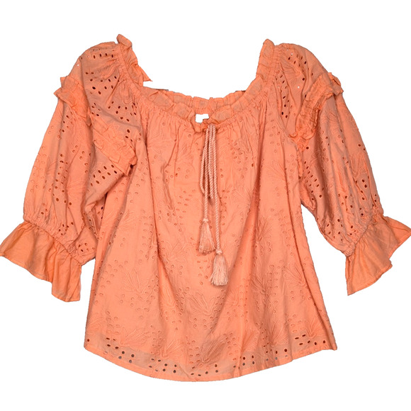 Anthropologie Jane Eyelet Lace Off Shoulder Peasant Prairie Cottage Blouse Coral - Picture 6 of 11